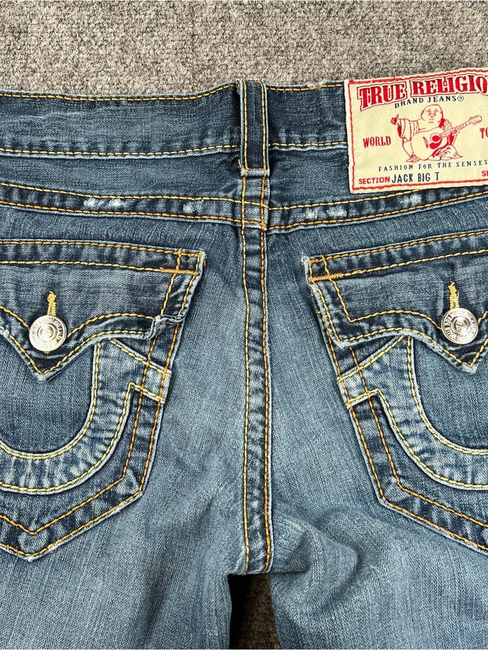 True Religion Dark Blue Denim Jeans with Yellow Contrast Stitching